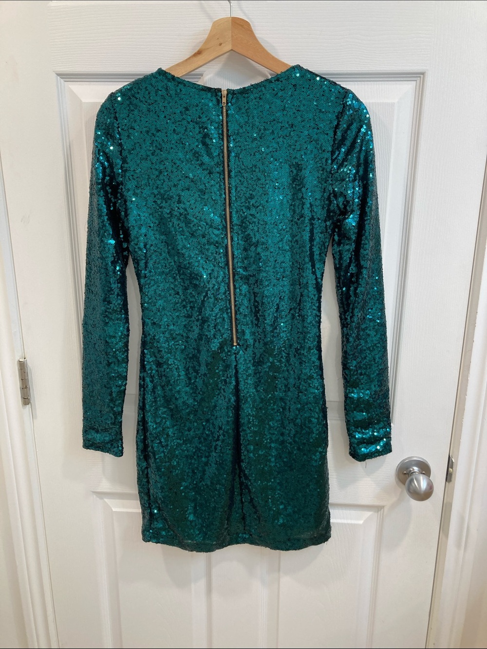 Revamped Teal Sequin Long Sleeve Short Bodycon Dress - Picture 4 of 4